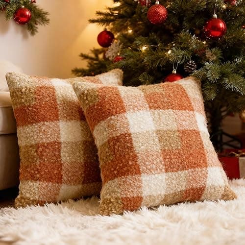 OSVINO Orange Plaid Christmas Fall Throw Pillow Covers Set of 2, 18x18 Inch Checkerboard Square Pillowcases, Cozy Fluffy Decorative Covers for Sofa Couch Living Room Bed thumbnail 8