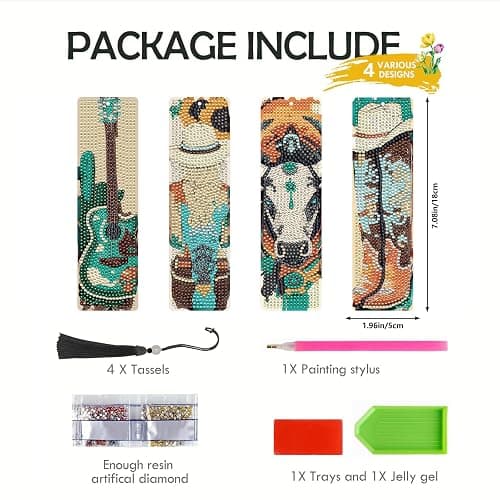 INCOK Western Diamond Art Bookmarks - 4 Pcs DIY Diamond Painting Bookmarks Kits with Tassel Guitar Cow Shoots Art Craft Birthday Festival Gift for Beginner Reading Lover thumbnail 4