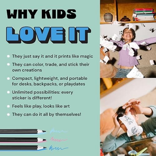 Hapiko Stickerbox AI Voice-Powered Mini Sticker Maker for Kids | Portable thermal inkless printer, 3 paper rolls & 8 colored pencils, Ages 5+, Kid-safe, Screen-free custom plays thumbnail 5