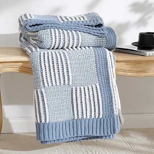 Amélie Home Checkered Knit Throw Blanket for Couch, Chenille Texture Decorative Soft Blanket for Sofa & Chair, 50"x60", Blue & White - Image 1
