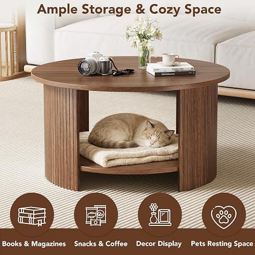 OneBlis Round Coffee Table with Storage, 31.5" Modern Fluted Center Table, 2-Tier Mid Century Coffee Table, Wood Circle Table for Living Room, Home Office, Small Space, Walnut thumbnail 3