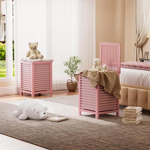 SMIBUY Double Laundry Hamper with Lid, 120L Bamboo Laundry Basket with Removable Liner Bag, 2-Section Clothes Divider Laundry Sorter for Laundry Room, Bathroom, Bedroom (Pink) thumbnail 8