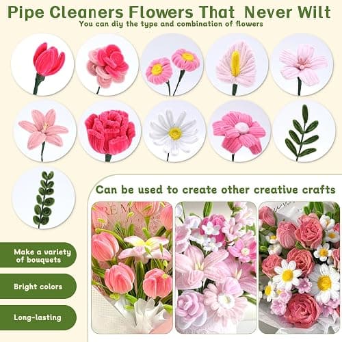550 Pcs Pipe Cleaners Craft, 7 Colors Chenille Stems Pipe Cleaners Flower Kit, Pipe Cleaner Bulk Flower Making Crafts Kit with Supplies, Instructions for Festival Home Decor thumbnail 7