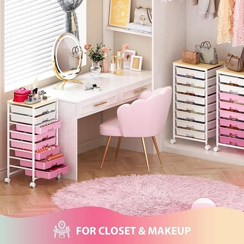 Goovilla Rolling Cart with Drawers, Utility Cart Organizer With 8 Removable Drawers and Wooden Tabletop, Lockable Rolling Storage Organizer for Art, Classroom, Home, Dorm, Office, Craft Storage, Pink thumbnail 8