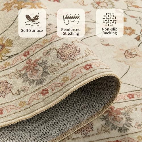 Rugxara Floral Rug for Living Room Bedroom, 5x7 Washable Rug, Vintage Boho Area Rug, Large Non Slip & Low Pile Wool Carpet for Indoor Dining Room, Girls Room, Nursery Room and Kids Room(Apricot 5x7ft) thumbnail 4