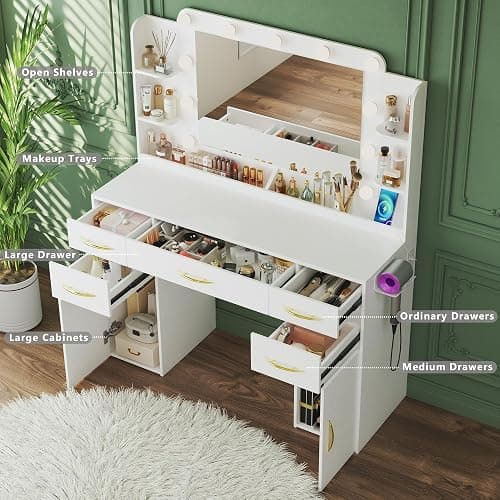 ALEXNUTRE 45.5" Vanity Desk with Mirror and Lights, Makeup Vanity with Lights 3 Models Settings & Power Outlet, Vanity Desk with 5 Drawers, 2 Cabinets, Shelves, Makeup Vanity for Bedroom, White thumbnail 3
