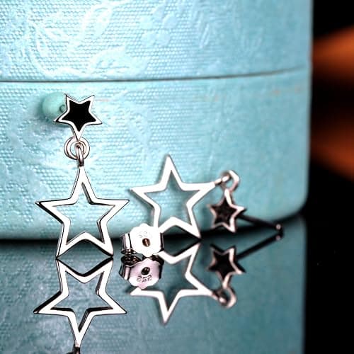 Yumilok 925 Sterling Silber Schwarz Epoxy Doppel Sterne Ohrstecker Ohrhänger Ohrringe Hypoallergen Ohrschmuck für Damen Mädchen thumbnail 3