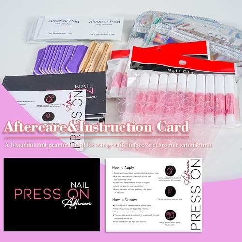 Press On Nail Tool Kit for Nail Business, Nail Prep Application Disposable Kit with Nail File, Nail Glue, Prep Pads, Instruction Card, Adhesive Nail Tabs, Wood Stick, Holographic Bag (50pcs in purple) thumbnail 6