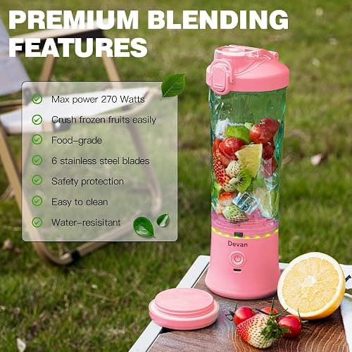 Pink Portable Blender - 270W USB Rechargeable, 20 oz BPA-Free Cup & Travel Lid for Shakes & Smoothies thumbnail 2