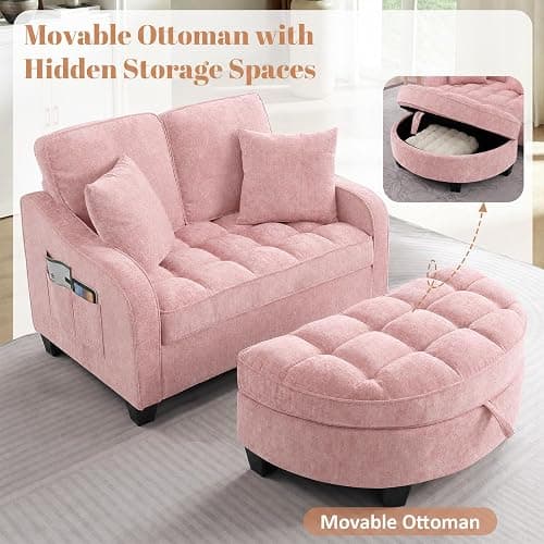 Chaise Lounge Chair Indoor with Storage Ottoman, Comfy Chenille Tufted Loveseat Sofa Chair with Adjustable Backrest, Upholstered Lounge Sofa Chairs with 2 Pillows & Side Pockets for Living Room, Pink thumbnail 4