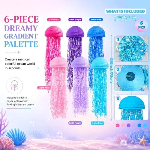 ADLKGG 6-Pack Jellyfish Paper Lanterns, Pink Purple Blue Under The Sea Party Decorations, Mermaid Birthday Decorations for Girls, Hanging Ocean Themed Pool & Beach Party Decor, Classroom Decor thumbnail 6