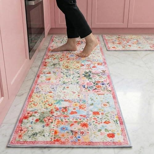 Klyyo Clyro Pink Floral Kitchen Rugs Set of 2 Cute Farmhouse Floor Mats Soft Non Slip Cushioned Washable Kitchen Rugs for Home Entrance Laundry Office Sink Spring Summer Decor, 17 x30 +17 x47 - Image 1