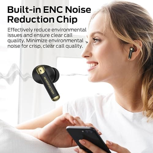 Monster Wireless Earbuds, Bluetooth 6.0 in-Ear Headphones with Charging Case, Stereo Earphones Deep Bass Sound, Built-in Mic, Clear Call, Water Resistant Design for Sports Black thumbnail 6