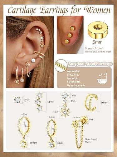 Dochais Flat Back Cartilage Earrings for Women Trendy Dainty CZ Flatback Studs Earing Sets 14k Gold Plated Hypoallergenic Huggie Hoops Earring Stacks for Multiple Piercing thumbnail 3