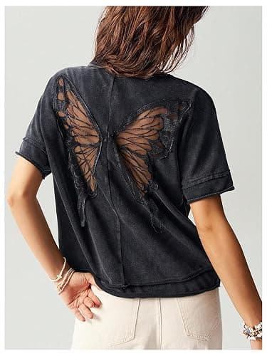 Milumia Women's Butterfly Cut Out Back T-Shirt Short Sleeve Washed Tee | Crew Neck, Vintage, Loose Fit, Contrast Mesh, Solid, Casual Going Out, Summer, Streetwear Tops thumbnail 5