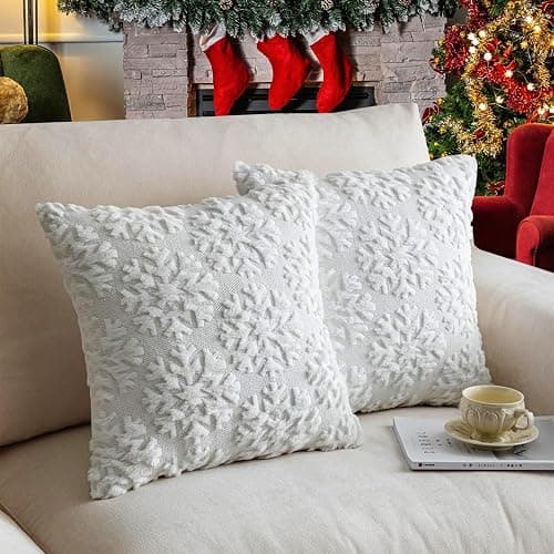 Christmas Pillow Covers 18'' x 18'' Set of 2, Soft Faux Rabbit Fur 3D Embroidery Snowflakes Throw Pillow Covers for Holiday Christmas Decor Sofa, Couch, Party, Invisible Zipper, Skin-Friendly - Image 1