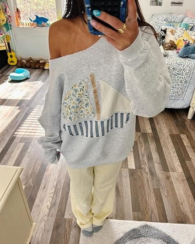 Amiblvowa Vintage Graphic Oversized Crewneck Sweatshirt for Women Floral Lobster Sardine Print Sweatshirts Pullover Fall Tops thumbnail 2