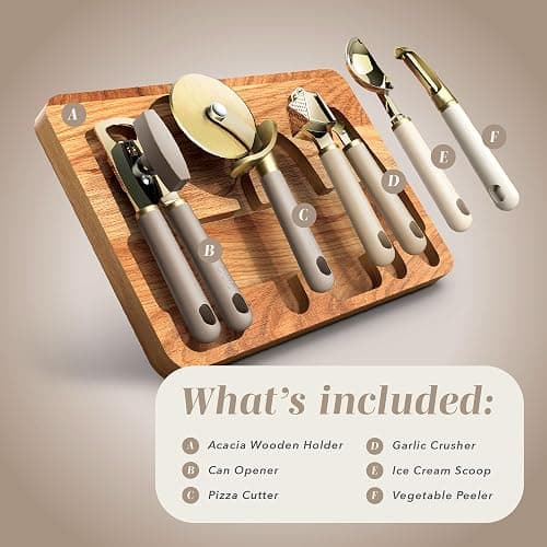 COOK WITH COLOR 6-Piece Kitchen Tool Set with Acacia Wood Cutting Board, Can Opener, Pizza Cutter & Prep Essentials, Brown Ombre thumbnail 3