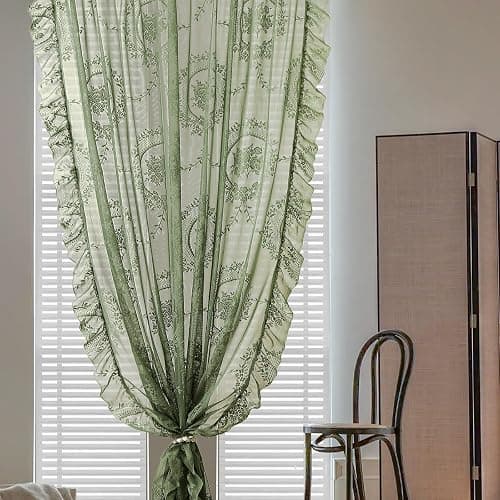 LOHUT Sage Green Lace Curtains Set of 2, Sheer Floral Panels 63 Inch Length, Vintage Boho Window Treatment with Ruffled Edge for Bedroom Living Room, Rod Pocket, W52 x L63 thumbnail 3