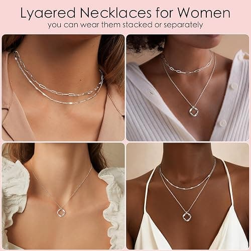 Poxtex Layered Gold Necklaces for Women,Stackable Dainty 14K Gold Silver Plated Trendy Circle Paperclip Chain Pendant Choker Necklace,Simpl Diamond Cross Bow Jewelry Set Gifts for Women thumbnail 5