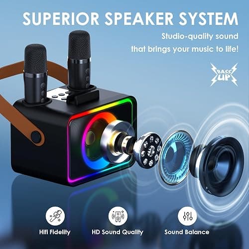 Portable Bluetooth Karaoke Machine with 2 Wireless Microphones Power Amplifiers for Adults & Kids Toys with LED,Karaoke Microphones Power Amplifiers Supports USB/TF/AUX,Gift for Party (Black) thumbnail 2