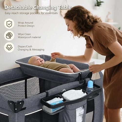 Kinder King 4 in 1 Foldable Pack and Play with Bassinet & Changing Table, Portable Playard for Babies and Toddlers, Adjustable Canopy, Storage Bag, Light Gray thumbnail 4