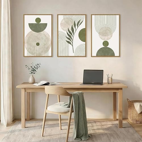 DRACIT Large Sage Green Boho Framed Canvas Wall Art Set-24"x36"x3 | Abstract Modern Beige Green Arch Wall Decor,Minimalist Leaf Lines Artwork for Living Room,Bedroom,Office thumbnail 3