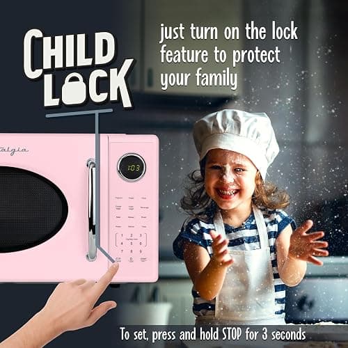 Nostalgia Retro 1000W Microwave Oven 1.1 Cu Ft Capacity – Child Safety Lock, 8 Auto-Cook Settings – Countertop Kitchen Appliance – Pink thumbnail 5
