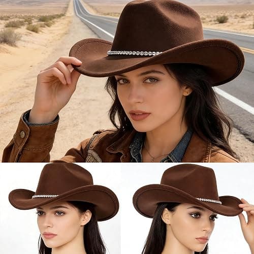 IZUS Women Sparkly-Rhinestone Western-Cowgirl-Hat Glitter-Bling Cowboy-Hat Felt-Rodeo-Hat for Disco-Party Medium/Large thumbnail 7