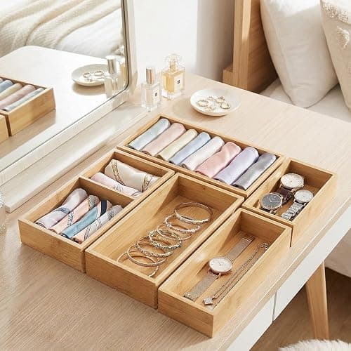 Acidea Bamboo Drawer Organizer Set, 5Pcs Multi-purpose Individual Storage Organizer, Junk Drawer Divider and Storage Trays Containers for Kitchen, Bathroom, Office Desk, Makeup, Jewelry, Utensils thumbnail 7