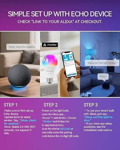 Fancylink Matter Smart Light Bulbs, Color Changing Light Bulb,hub Required, A19 60W,2.4Ghz WiFi only,Compatible with Alexa Google Assistant, Apple Home,16 Million Colors for Christmas, New Year,2 Pack thumbnail 4