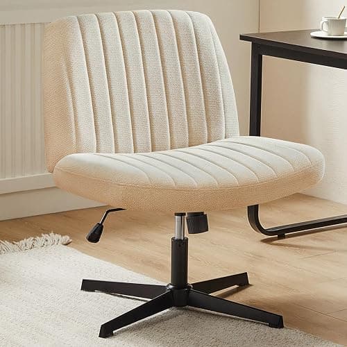 DUMOS Criss Cross Chair No Wheels Wide Cross Legged Office Desk Vanity Chair Comfy Fabric Armless Adjustable Swivel for Home Computer Task (Beige) - Image 1