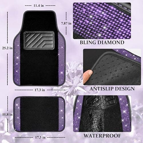 CAR PASS Bling Diamond Leather Steering Wheel Cover 14.5in-15in Floor Mats Shining Rhinestone Carpet Sparkly Glitter Crystal Anti-Slip Pad Fit Automotive SUV Pickup Truck Girl Women, 5pcs Black Purple thumbnail 5