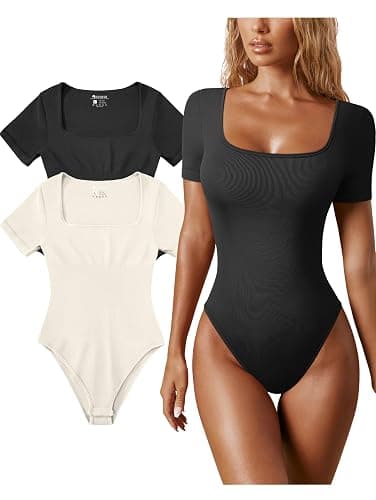 OQQ Women's 2 Piece Bodysuits Sexy Ribbed One Piece Square Neck Short Sleeve Bodysuits - Image 1