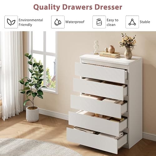 Jocoevol Modern White 5 Drawer Dresser for Bedroom, 15" D x 23.7" W x 40.4" H in Simply Chest of Drawers, Wood Storage Dresser with Deep Drawers for Living Room Hallway Entryway, White thumbnail 5