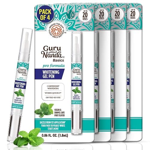 GuruNanda Teeth Whitening Pen,(0.06 fl oz)-20 Uses, Pro Formula - Hydrogen Peroxide Whitening Gel Pen, Enamel-Safe, Cruelty-Free, Vegan, Mint Flavor (Pack of 4) - Image 1