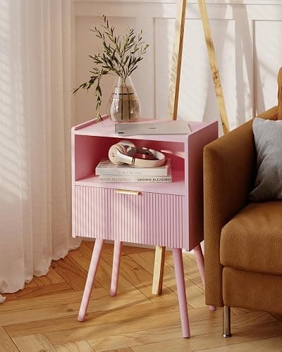 JOONEE Nightstand,Modern Bedside Table with Storage Drawer and Open Wood Shelf, for Living Room, Bedroom and Small Spaces, Accent Night Stand with Solid Wood Legs, Easy Assembly,Classic Pink thumbnail 5