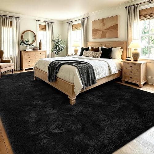 7x10 Extra Large Black Area Rug for Living Room Bedroom Dining Room, Fluffy Shag Soft Plush Furry Carpet Solid Color, Non-Slip Indoor Floor Mat for Kids Home Decor thumbnail 4