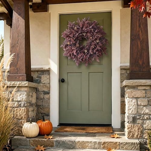 26" Artificial Cimicifuga Fall Wreath for Halloween Front Door(Dark Purple) | Realistic Large Fake Cimicifuga Leaf,Lush Faux Halloween Wreath,for Window Front Porch Outdoor Farmhouse Autumn Home Decor thumbnail 4