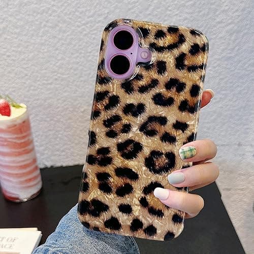 J.west Compatible with iPhone 16 Case 6.1", Classic Soft Sparkly Leopard Print Pearly Thinfoil Animal Design Women Girl Protective Cover Phone Case for 16 Brown Cheetah thumbnail 2