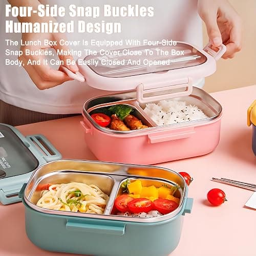 Ausenzup Stainless Steel Lunch Box, 2 Compartment Bento Box for Adults, Easy to Clean, Leak-Proof Design, Food Storage Container with Tableware for Family, Work, Picnics and Travel(850ml, Green) thumbnail 4