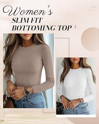 Ficerd 3 Pack Women's Ribbed Long Sleeve Tops, Crew Neck Slim Fit Undershirts Knit Basic Casual Stretch Layering Tee Shirts thumbnail 5