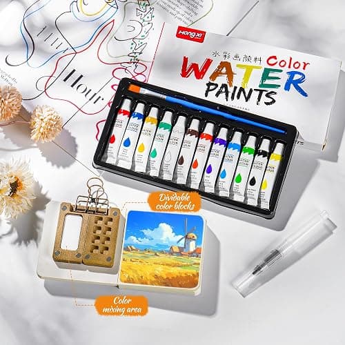 Mini Watercolor Paint set, Portable Watercolor Paint Travel Set, 12 Color Pocket Artist Watercolor Travel Kit with Picture Book, 8 Grids Portable Wooden Paint Palette for Painters, Artists, and Students thumbnail 7