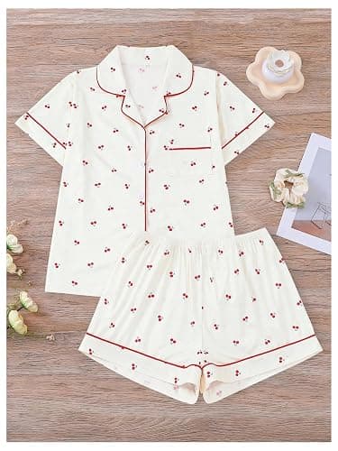 BEAUDRM Women's Two Piece Pajama Sets Allover Print Short Sleeve Sleepwear Button Down Shirt and Bow Shorts Pj Set Loungewear thumbnail 6