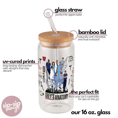 Sip-Sip Hooray! Greys Anatomy 16oz Glass Can Cup with Lid and Straw, Grey Sloan Quote Iced Coffee Tumbler, Dishwasher Safe Nurse Gift, Medical Student Glass Mug, Inspirational Drinkware for Women thumbnail 5