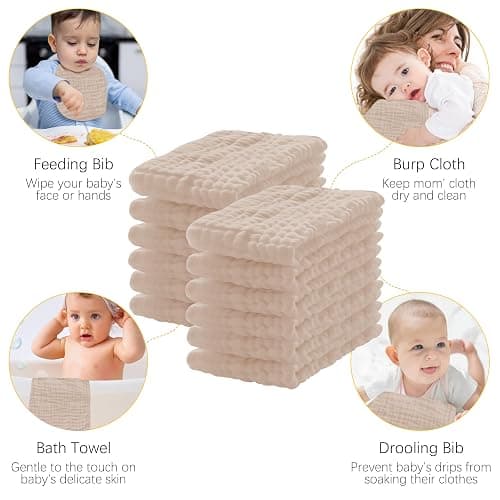 Lovely Care 12 Pack Muslin Burp Cloths 100% Cotton Muslin Cloths Large 20''x10'' Extra Soft and Absorbent Baby Burping Cloth - Brown thumbnail 4