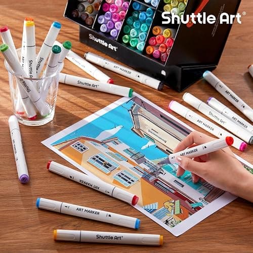 Shuttle Art 121 Colors Alcohol Markers, 120 Colors Dual Tip Art Marker Set Plus 1 Colorless Blender with Marker Case Perfect for Illustration Students Adult Coloring Sketching thumbnail 2
