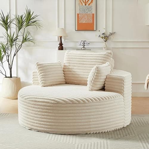 55"W Oversized Round Chair Lounge Chaise Indoor, Corduroy Upholstered Comfy Large Circle ArmChair, Modern Fluffy Deep Seat Cloud Sofa Chair Sleeper Sofa Bed for Living Room, Bedroom Apartment, Beige thumbnail 8