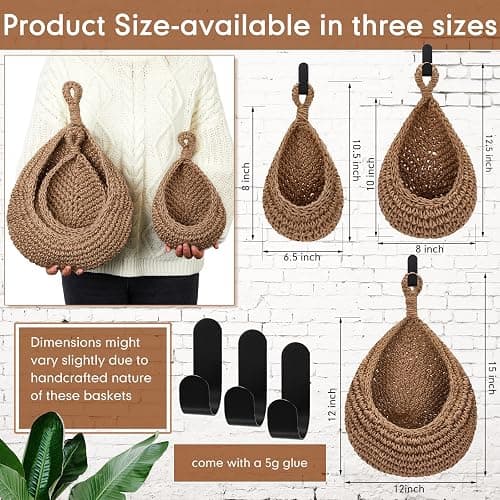 Honeydak Boho Decor Hanging Wall Baskets for Kitchen 3 Pack Teardrop Baskets with Hooks Storage Fruit Onion Vegetable Potato for Home 3 Sizes(Linen,Hemp Rope) thumbnail 3