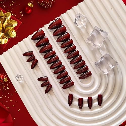KQueenest Dark Red Press on Nails Cat Eye, Burgundy Glitter Press on Nails Almond Medium, Sparkly Shiny Fake Nails Set, Cute Bling Glue on Nails Medium for Women Christmas, Gothic Design, 30 Pcs thumbnail 4